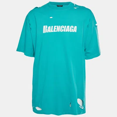 Pre-owned Balenciaga Unfit Blue Distressed Logo Graphic Jersey T-shirt M