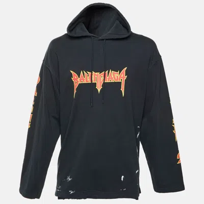 Pre-owned Balenciaga Unifit Black Logo Print Cotton Jersey Distressed Hoodie M