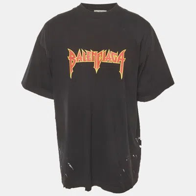 Pre-owned Balenciaga Unifit Black Logo Print Jersey Distressed T-shirt M