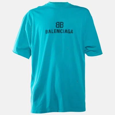Pre-owned Balenciaga Unifit Blue Logo Print Jersey Ripped Oversized T-shirt S
