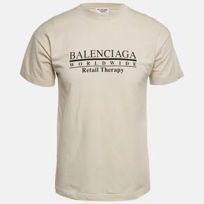 Pre-owned Balenciaga Unisex Beige Logo Print Jersey T-shirt Xxs In Sand