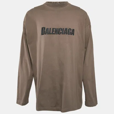 Pre-owned Balenciaga Unisex Beige Logo Print Oversized Long Sleeve T-shirt M In Brown