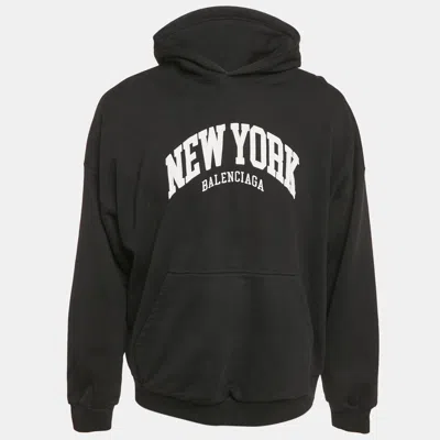 Pre-owned Balenciaga Unisex Black New York Embroidered Cotton Hoodie L
