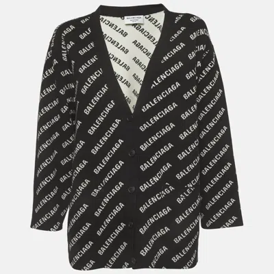 Pre-owned Balenciaga Unisex Black/white Logo All Over Cotton Knit Cardigan L