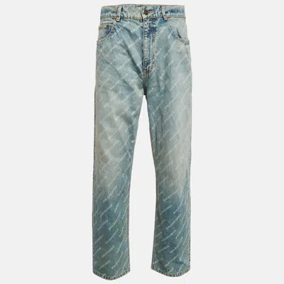Pre-owned Balenciaga Unisex Blue Logo Over All Faded Denim Straight Leg Jeans S Waist 30"