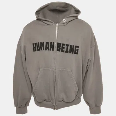 Pre-owned Balenciaga Unisex Grey Cotton Distressed Zip-up Hoodie L In Gray