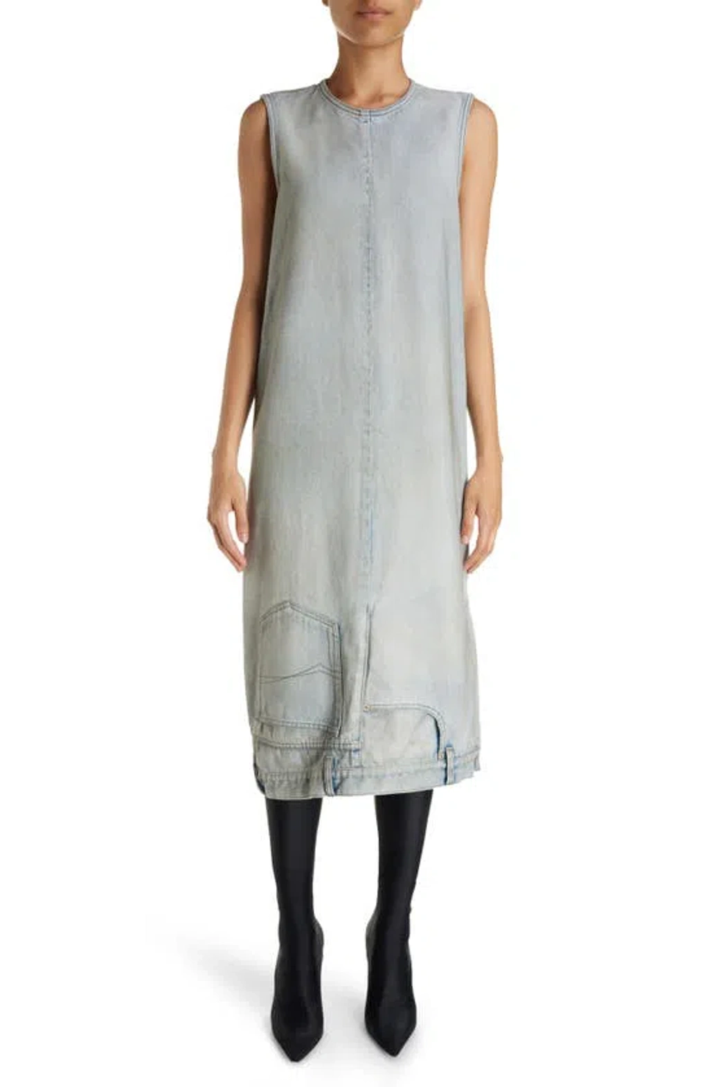 balenciaga denim dress Balenciaga Upside Down Denim Midi Dress In Dirty Blue