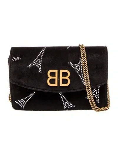 Pre-owned Balenciaga Velvet Bb Chain Wallet Small In Black