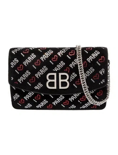 Pre-owned Balenciaga Velvet Bb 'i Love Paris' Wallet On Chain In Black