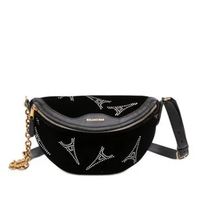 Pre-owned Balenciaga Velvet Crystal Embellished Calf Leather Souvenir Belt Bag X In Black