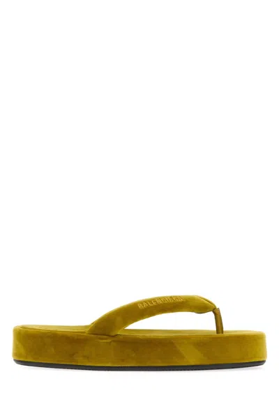 Balenciaga Velvet Jet Lag Thong Slippers With 4 Cm Platform In Yellow