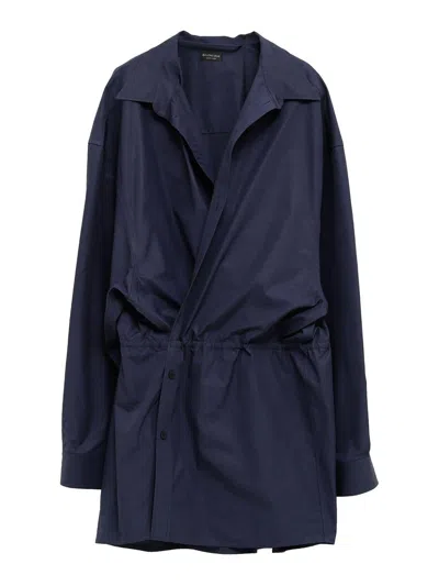 Balenciaga Elasticated Waistband Cotton Shirt Mini Dress In Blue