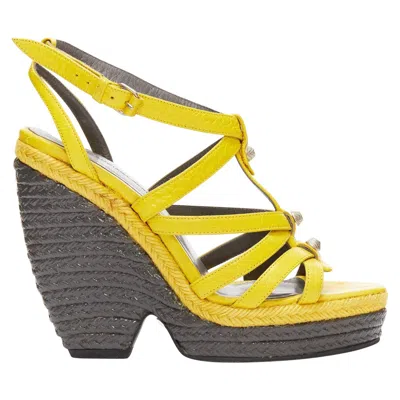 Pre-owned Balenciaga Vintage Arena Yellow Studded Grey Espadrille Wedge Heel Eu38