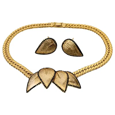 Pre-owned Balenciaga Vintage  Leaf Rhinestone Earrings Necklace Set In Sand