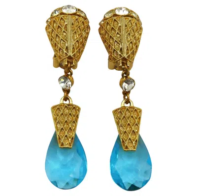 Pre-owned Balenciaga Vintage Gold Tone Blue Glass Drop Dangling Earrings
