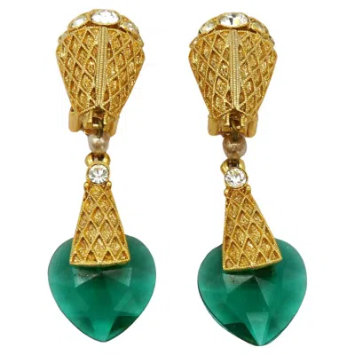 Pre-owned Balenciaga Vintage Gold Tone Green Glass Heart Dangling Earrings