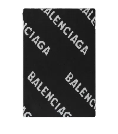 Balenciaga Virgin Wool All-over Logo Scarf In Black