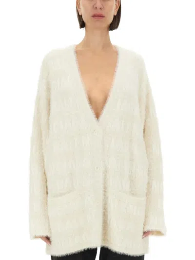 Balenciaga Logo Jacquard Faux Fur Cardigan In White