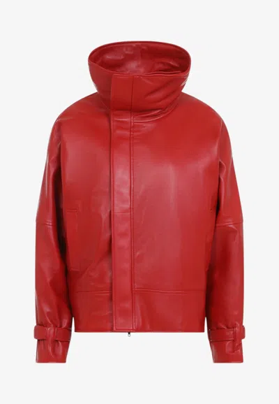 Balenciaga Voluminous Leather Jacket With Sculptural High-stand Collar In Red