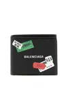 Balenciaga Square Bi-fold Wallet In Arena Leather With Multicolor Printed Stickers Accessories In Black