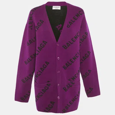Pre-owned Balenciaga Wardrobe Purple Logo Intarsia Wool Oversized Cardigan Xs