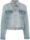 Balenciaga Light Blue Cropped Jacket With Logo Patch At The Back In Cotton Denim Woman In Blue