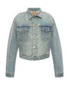 Balenciaga Light Blue Cropped Jacket With Logo Patch At The Back In Cotton Denim Woman In Blue