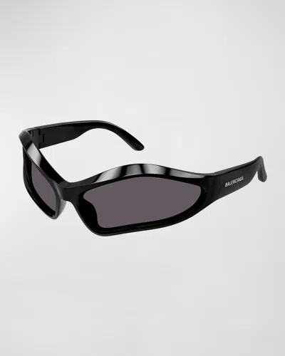 Balenciaga Wavy Plastic Wrap Sunglasses In Shiny Black