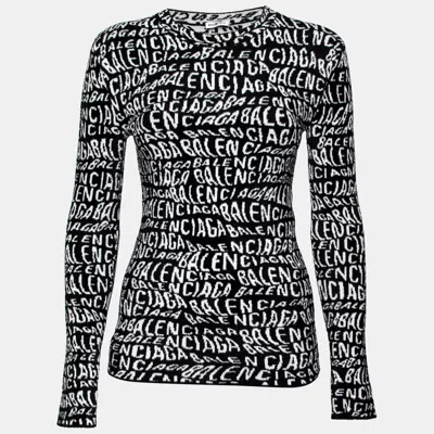Pre-owned Balenciaga White & Black Wavy Logo Knitted Crew Neck Top Xs