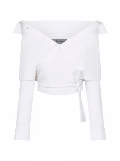 Balenciaga White Cotton Poplin Off-shoulder Wrap Shirt
