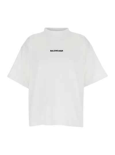 Balenciaga White Crewneck T-shirt With Logo Lettering Embroidery On Front And Rear In Cotton Man