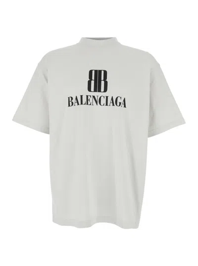 Balenciaga White Crewneck T-shirt With Logo Print On The Front In Cotton Man