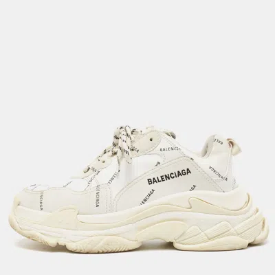 Pre-owned Balenciaga White Faux Leather All Over Logo Triple S Sneakers Size 40