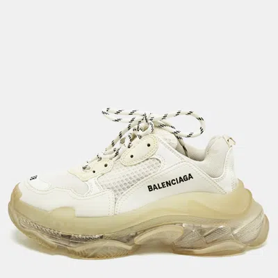 Pre-owned Balenciaga White Faux Leather And Mesh Triple S Sneakers Size 38