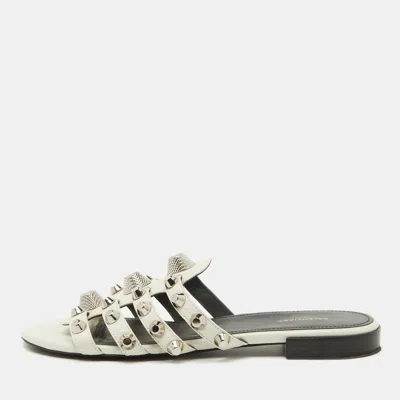 Pre-owned Balenciaga White Leather Studded Arena Flat Slide Sandals Size 38