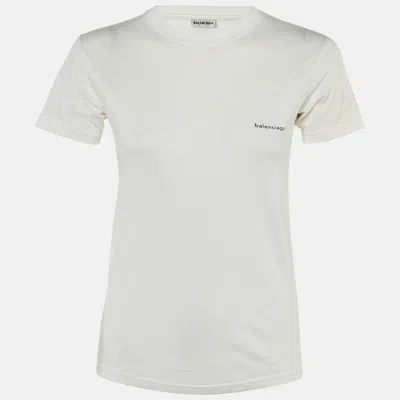Pre-owned Balenciaga White Logo Print Cotton Crew Neck T-shirt Xs
