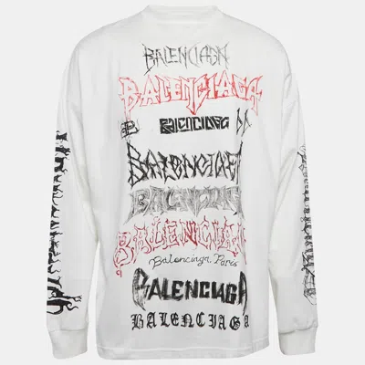 Pre-owned Balenciaga White Logo Print Cotton Full Sleeve Crew Neck T-shirt L