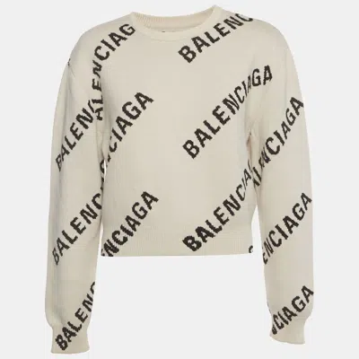 Pre-owned Balenciaga White Logo Print Knit Crewneck Sweatshirt S