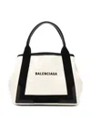 Balenciaga Md Navy Cabas Canvas Tote Bag In White