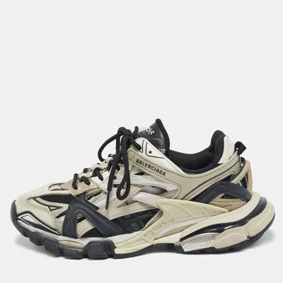 Pre-owned Balenciaga White/black Faux Leather And Mesh Track 2 Sneakers Size 39