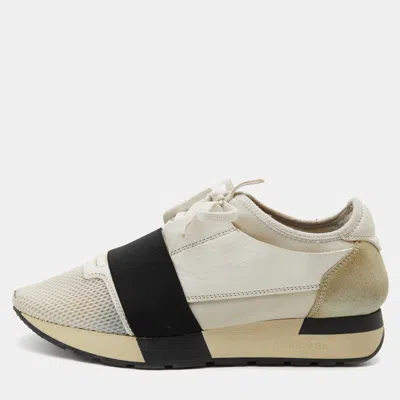 Pre-owned Balenciaga White/black Leather And Mesh Race Runner Low Top Sneakers Size 37