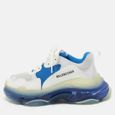 Pre-owned Balenciaga White/blue Leather And Mesh Triple S Clear Sole Trainers Size 41