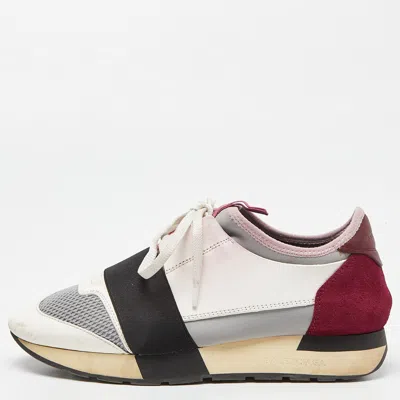Pre-owned Balenciaga White/burgundy Leather Suede And Mesh Race Runner Trainers Size 38