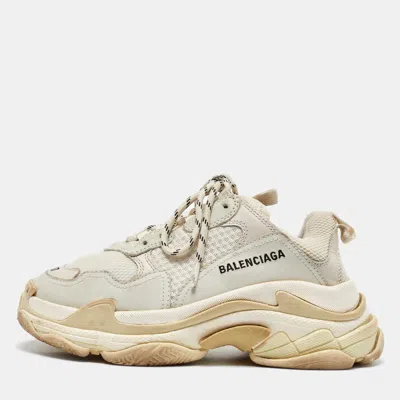 Pre-owned Balenciaga White/grey Faux Leather And Mesh Triple S Sneakers Size 37