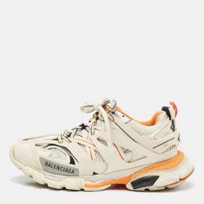 Pre-owned Balenciaga White/orange Mesh And Faux Leather Track Low Top Trainers Size 40