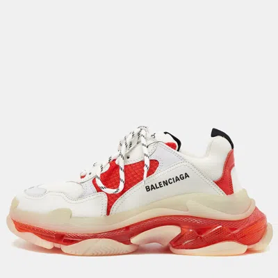 Pre-owned Balenciaga White/red Leather And Mesh Triple S Clear Sole Sneakers Size 41