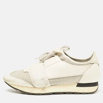 Pre-owned Balenciaga White/silver Leather And Knit Fabric Race Runner Sneakers Size 39