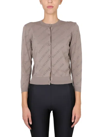 Balenciaga Women Allover Logo Cropped Cardigan In Beige