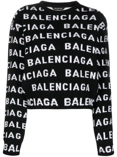 Balenciaga Women Allover Logo Wool Cropped Sweater In Multi