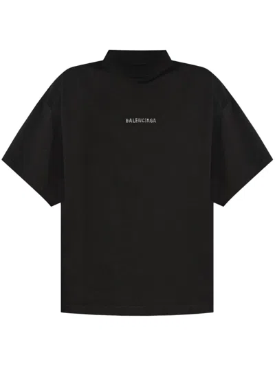 Balenciaga Women Back Strass Cropped Cotton T-shirt In Black